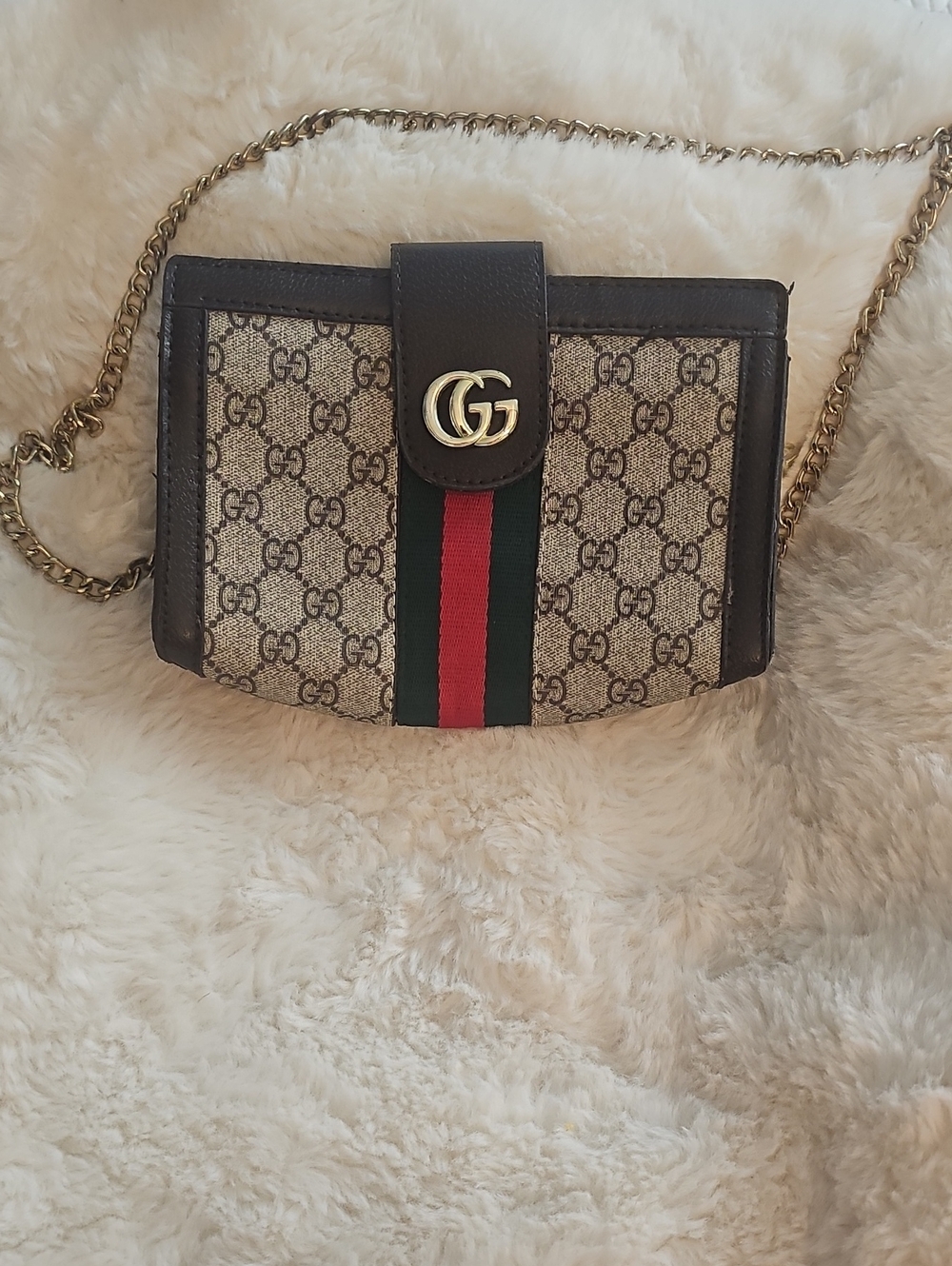 Beige GG Supreme Canvas Mini Crossbody with Brown Trim and Red-Green Web